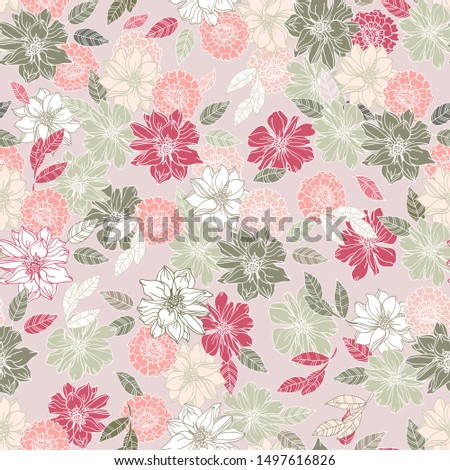 Seamless hand drawn pattern of blossoms and fresh branches. Fashionable spring colors. Floral background for textile or book covers, design, graphic art, printing and hobby, invitation. Raster copy