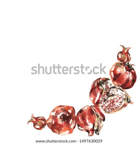 Composition of hand-drawn watercolor pomegranates