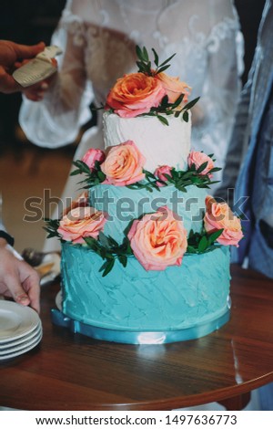 beautiful wedding cake in blue with red flowers