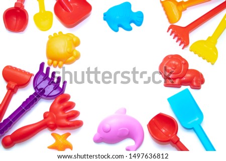 Plastic toys for sand isolated on white background. Kids toys.