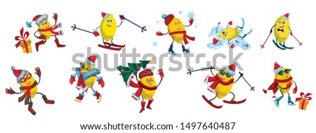 Set Funny cute happy smiling lemons in Santa's hat with gifts having winter fun.
Concept: Tropical fruits celebrate New Year, Christmas.
Cartoon character kawaii vector illustration flat icon Isolated