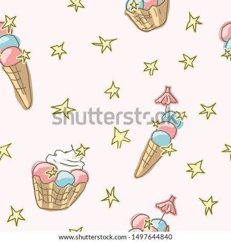 Doodle seamless pattern with hand drawn little stars, ice-cream cones and ice-cream desserts with cocktail umbrella on light blue background. Nice light colors. Cute design for wallpaper or textile.