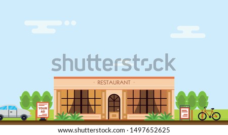 Cityscape, restaurant. Flat vector illustration. Construct your city. Build your town.