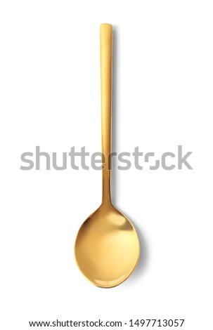 Stylish clean gold spoon on white background, top view Royalty-Free Stock Photo #1497713057