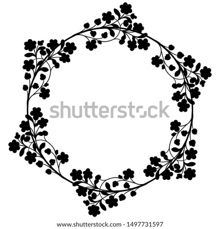 Isolated vector illustration. Round floral frame. Black silhouette on white background.