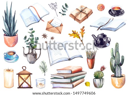 Set of books, house plants, coffee cups, letters, candles and leaves. Cozy home illustration. Watercolor isolated on white background.