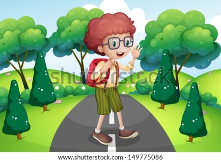 Illustration of a young traveller with a backpack standing in the middle of the street