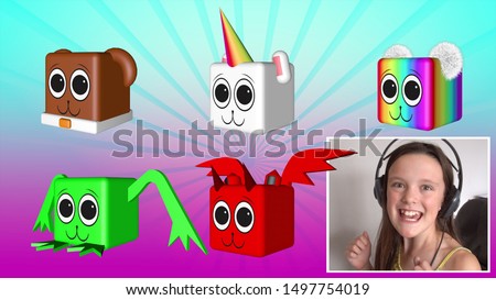 Young girl playing a 3D style block game with pet dog, cat, unicorn, monster, dragon and rainbow avatars. Teen themed colors and design