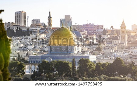 View from above, stunning view of the Jerusalem skyline with the beautiful Dome of the Rock (Al-Aqsa Mosque). Picture taken from the Mount of Olives adjacent to Jerusalem's Old City.