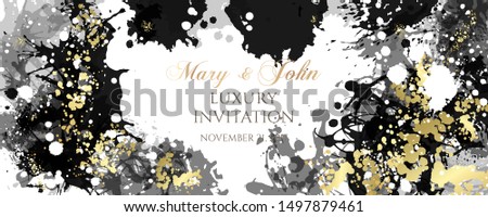 Luxury invitation with ink splash texture. Abstract artistic background with black and gold paint design elements. Horizontal banner.