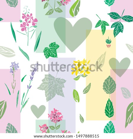Vector seamless pattern in bright colors with tea herbs, hearts and geometry elements on white background