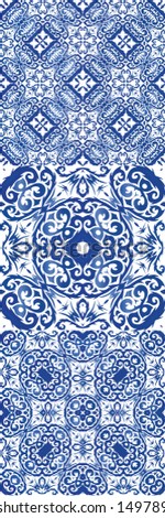 Ornamental azulejo portugal tiles decor. Kit of vector seamless patterns. Colored design. Blue gorgeous flower folk prints for linens, smartphone cases, scrapbooking, bags or T-shirts.