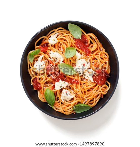Spaghetti with  tomato sauce, parmesan and mozzarella cheese decorated with basil.isolated on white background Royalty-Free Stock Photo #1497897890
