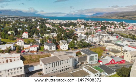 Aerial view of Akureyri town in Iceland on a sunny summer afternoon.