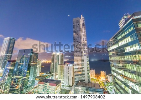 Downtown Miami skyline at sunrise. Aerial view from a high viewpoint.