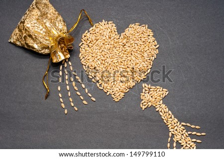 Raw whole wheat grains arranged in heart shape, golden sack filled with wheat grains. fiber rich whole wheat.India. Kerala India. Indian harvest chapati or roti made of wheat grain