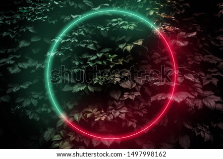 Abstract neon glow frame sign in the shape of a circle, Futuristic sci-fi background with bright red-green lights, retro style