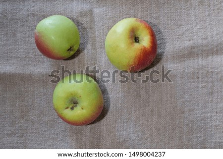 ripe apples on a cloth light background from burlap shot from different sides and angles possible defocus into the distance and near