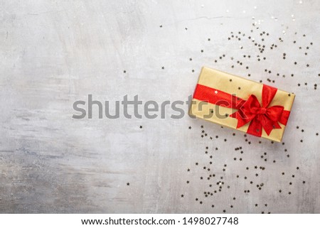 Christmas banner. Background Xmas design, with realistic gifts box and glitter confetti. Horizontal christmas poster, greeting cards.