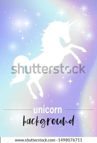 Illustration of fantasy nebula background in pastel colors and unicorn's silhouette on it. Vector.