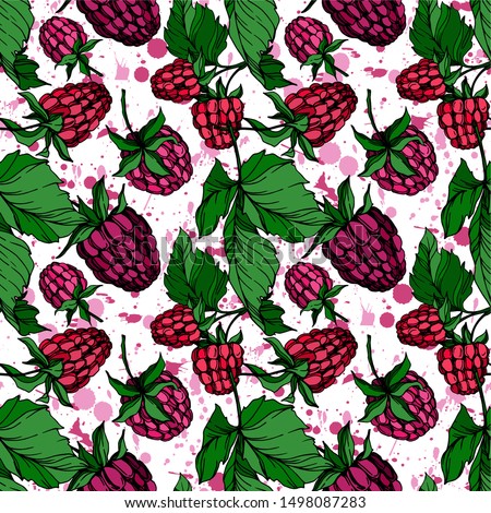 Vector Raspberry healthy food fresh berry isolated. Black and white engraved ink art. Seamless background pattern. Fabric wallpaper print texture.