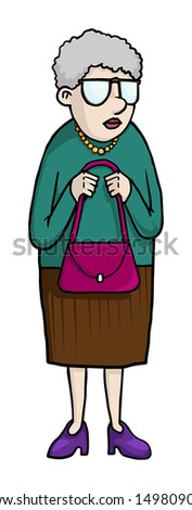 cartoon old lady with pink purse, vector illustration