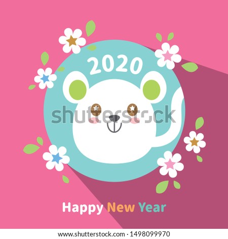 2020 happy new year with cute cartoon white mouse on flower frame.