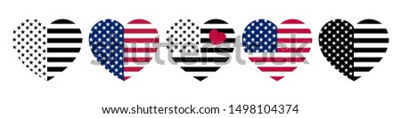 Set of stylish minimalistic heart-shaped USA flag layouts.