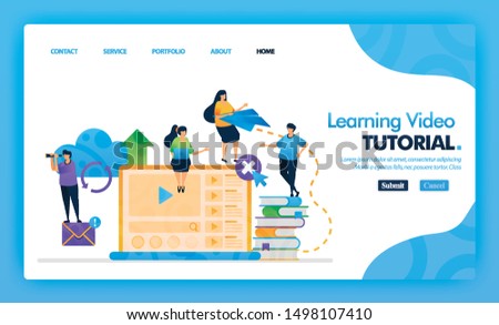 Learning Video Tutorial landing page blue vector concept with flat cartoon character and icon. homepage design can be use for landing page, web, mobile apps ui, poster, flyer, marketing, promotion.