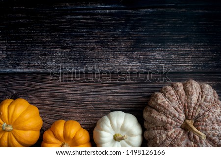 Still-life, flat lay, top view, template with copy space of variouse type of Asian pumpkin in orange, white and brown color on the bottom corner with shadow, on old wooden plate background