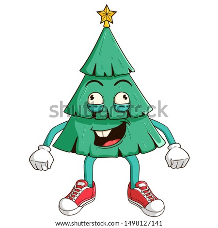 Crazy christmas tree cartoon character with funny smile face