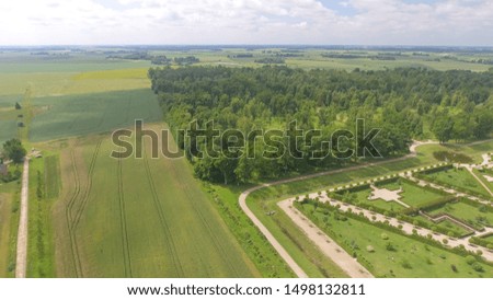 Panoramic aerial view of Rundale Castle in Latvia. Building and gardens.