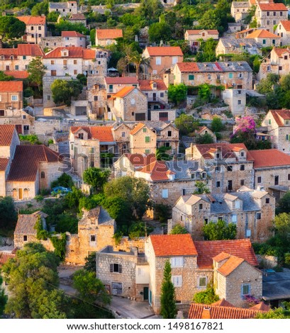 Croatia. Ols town as a background. Houses on the mountain hill during sunset. Landscape in Croatia. Travel - image