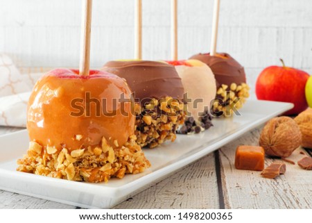 Variety of fall candy apples with caramel, chocolate and nuts, close up on a serving plate against a white wood background