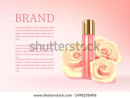 Perfume bottle with a rose aroma, pink background with perfume and flowers of roses. Cosmetic vector.