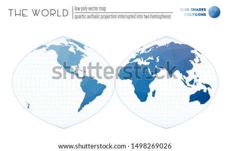 Low poly design of the world. Quartic authalic projection interrupted into two hemispheres of the world. Blue Shades colored polygons. Amazing vector illustration.