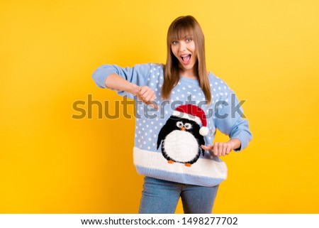 Check out modern outfit concept. Photo of confident cheerful rejoicing delightful pretty blonde white person thumping at her favorite apparel from grandmother isolated bright color background