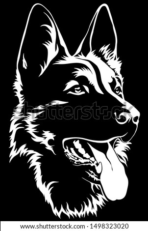 Black silhouette of a sitting German Shepherd Black and white Royalty-Free Stock Photo #1498323020