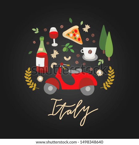 Italy symbols illustration concept. Cute Iitalian elements on dark background. Travel signs, food, architecture and nature
