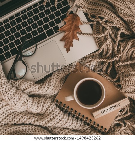 Sweaters and cup of tea with notebook, laptop and knitting clothes. Cozy autumn or winter concept. 