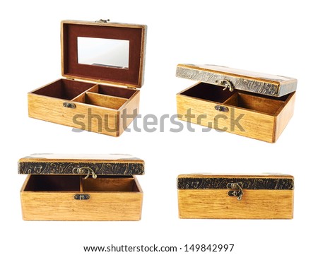 Old-fashioned wooden old casket isolated over white background, set of four foreshortenings