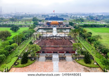 Wonderful view of the “ Meridian Gate Hue “ to the Imperial City with the Purple Forbidden City within the Citadel in Hue, Vietnam. Imperial Royal Palace of Nguyen dynasty in Hue. Thai Hoa palace