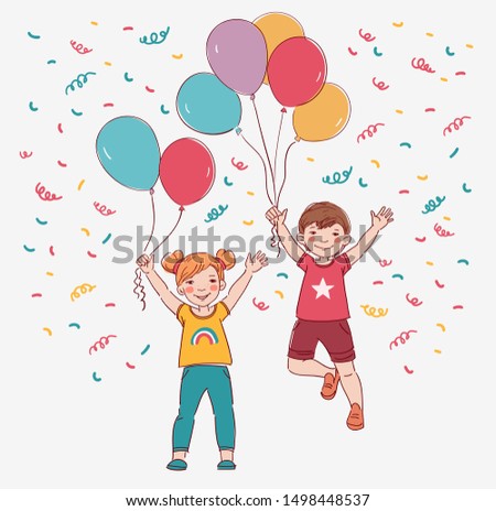 Happy kids jumping over white background. Happiness, childhood, and freedom concept 