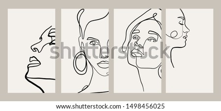 Trendy design templates for stories with portrait woman in abstract one line graphic style. Contemporary background for social media. Hand drawn vector Royalty-Free Stock Photo #1498456025