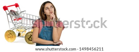 Horizontal white banner with a girl shopping online, cryptocurrency exchange. Food basket with bitcoin wheels.
