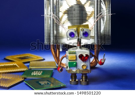 Robot-cyborg with computer processors and CPU cooler on a dark background.