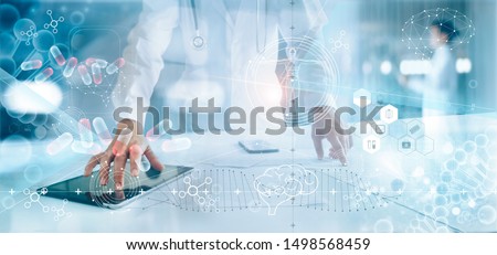 Medicine doctor analysis electronic medical record on interface. DNA. Digital healthcare and network connection on hologram modern virtual screen, innovative, medical technology and network concept.