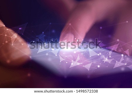 Finger touching phone with human network concept and dark background