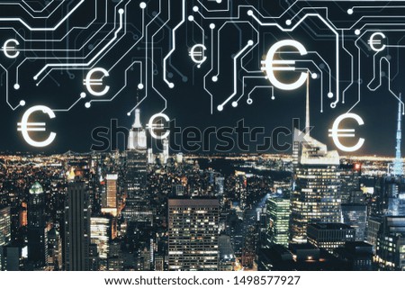 Abstract glowing money circuit on glowing night city background. Euro and cryptocurrency, e-commerce concept. Multiexposure