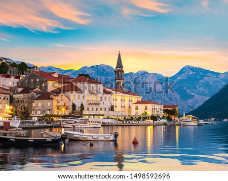 Historic city of Perast in the Bay of Kotor in summer at sunset Royalty-Free Stock Photo #1498592696
